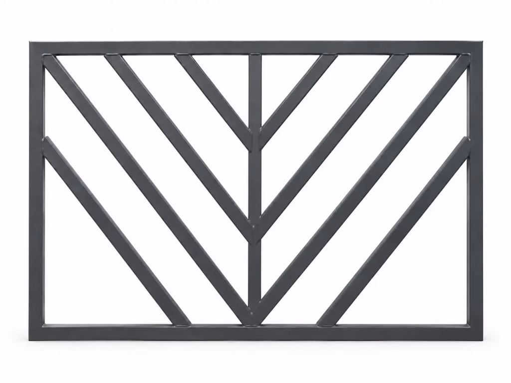 KI-erstellte Produktdarstellung: KEHR Fenstergitter V-Form in Anthrazit vor weißem Hintergrund